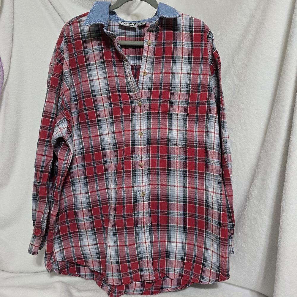Krazy Kat Plaid Flannel with Denim Collar 100% cotton Size 18/20 with small flaw